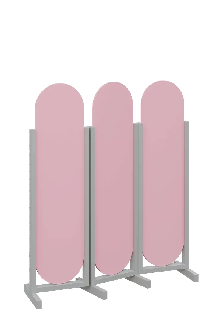 ATMOSFERE ROUND 316, dřevěný 3-dílný paraván, mobilní, výška 1600 mm, rám šedá, výplň pastelově růžová