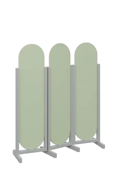 ATMOSFERE ROUND 316, dřevěný 3-dílný paraván, mobilní, výška 1600 mm, rám šedá, výplň šedo-zelinkavá