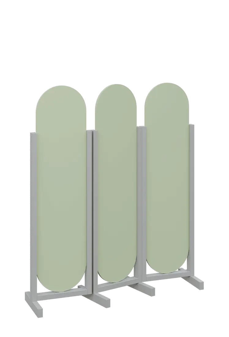 ATMOSFERE ROUND 316, dřevěný 3-dílný paraván, mobilní, výška 1600 mm, rám šedá, výplň šedo-zelinkavá