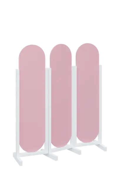 ATMOSFERE ROUND 316, dřevěný 3-dílný paraván, mobilní, výška 1600 mm, rám bílá, výplň pastelově růžová