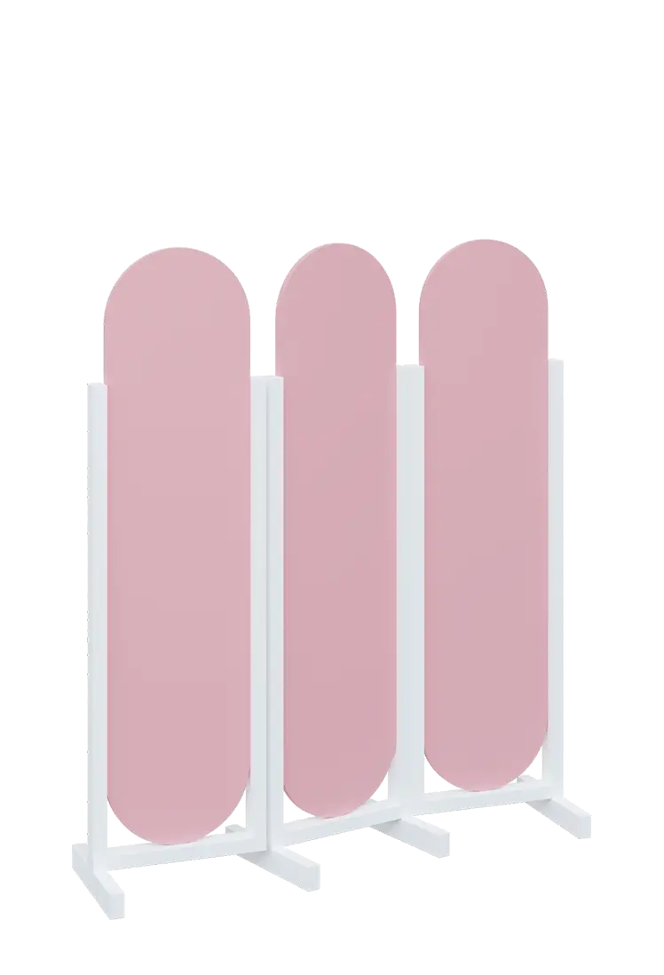 ATMOSFERE ROUND 316, dřevěný 3-dílný paraván, mobilní, výška 1600 mm, rám bílá, výplň pastelově růžová