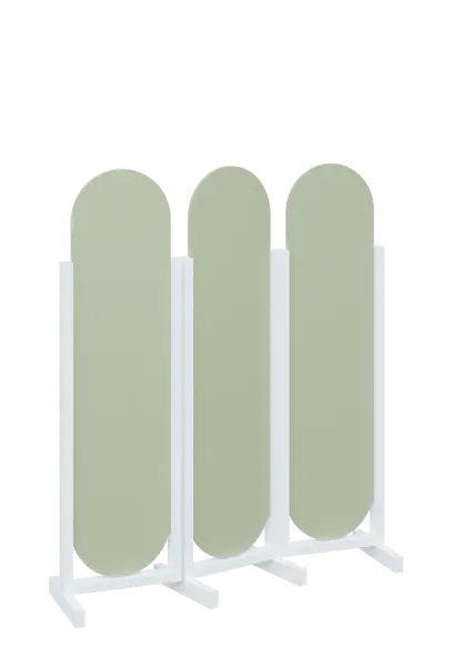 ATMOSFERE ROUND 316, dřevěný 3-dílný paraván, mobilní, výška 1600 mm, rám bílá, výplň šedo-zelinkavá