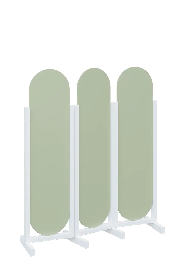 ATMOSFERE ROUND 316, dřevěný 3-dílný paraván, mobilní, výška 1600 mm, rám bílá, výplň šedo-zelinkavá
