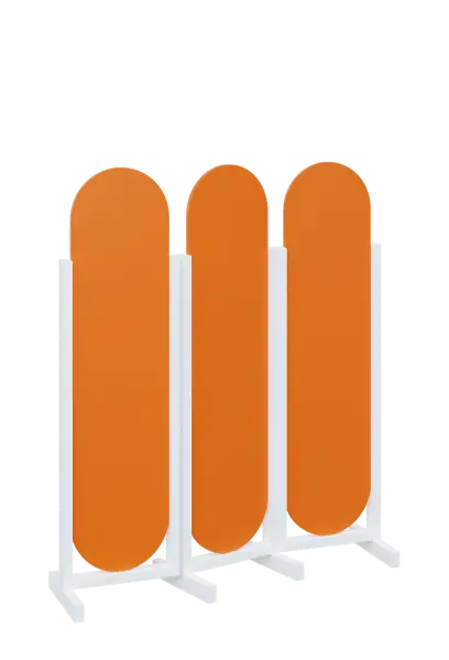 ATMOSFERE ROUND 316, dřevěný 3-dílný paraván, mobilní, výška 1600 mm, rám bílá, výplň pomeranč