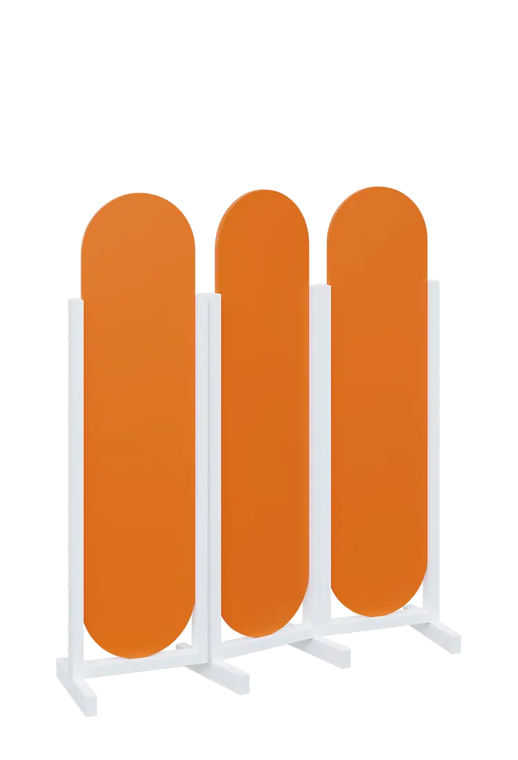 ATMOSFERE ROUND 316, dřevěný 3-dílný paraván, mobilní, výška 1600 mm, rám bílá, výplň pomeranč