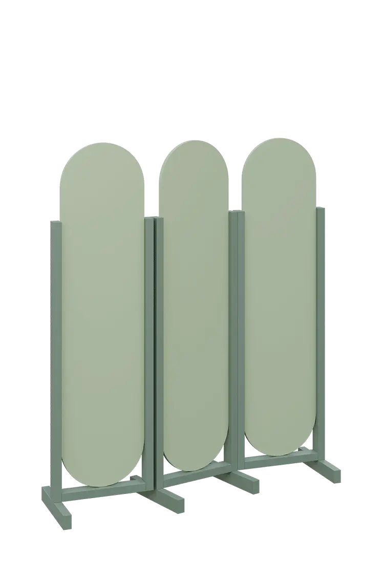 ATMOSFERE ROUND 316, dřevěný 3-dílný paraván, mobilní, výška 1600 mm, rám industrial green, výplň pistáciově zelená