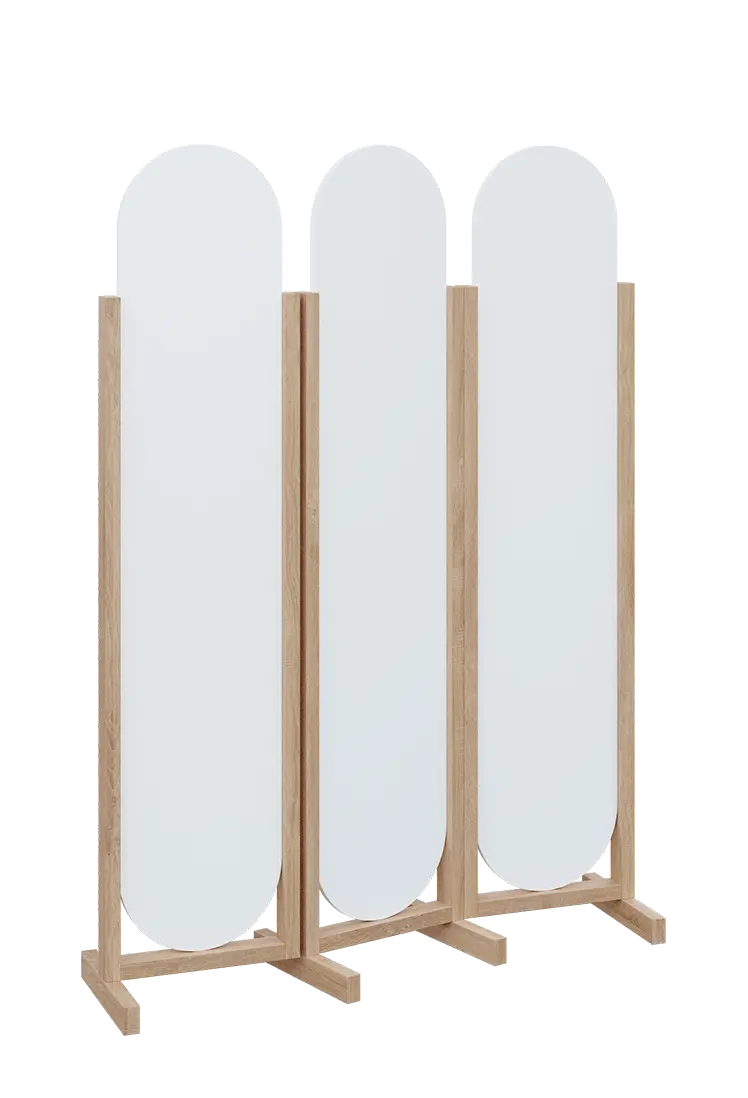 ATMOSFERE ROUND 319, dřevěný 3-dílný paraván, mobilní, výška 1900 mm, rám dub bardolino, výplň bílá