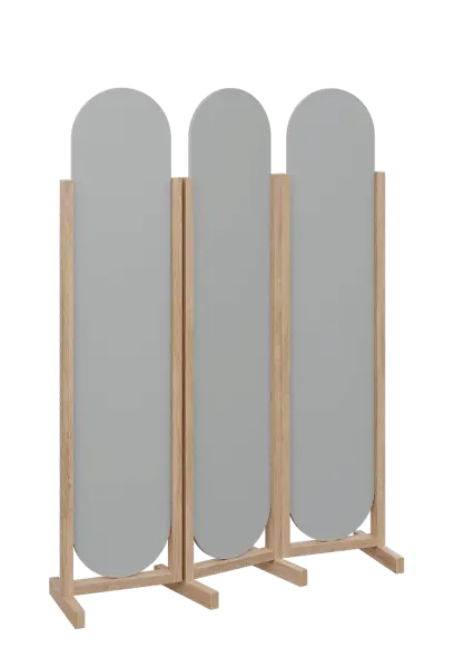 ATMOSFERE ROUND 319, dřevěný 3-dílný paraván, mobilní, výška 1900 mm, rám dub bardolino, výplň šedá