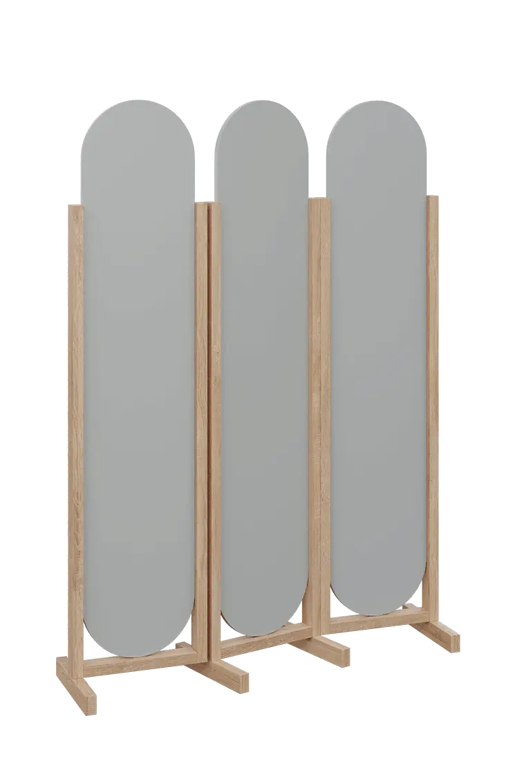 ATMOSFERE ROUND 319, dřevěný 3-dílný paraván, mobilní, výška 1900 mm, rám dub bardolino, výplň šedá