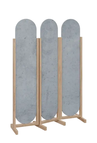 ATMOSFERE ROUND 319, dřevěný 3-dílný paraván, mobilní, výška 1900 mm, rám dub bardolino, výplň beton šedý
