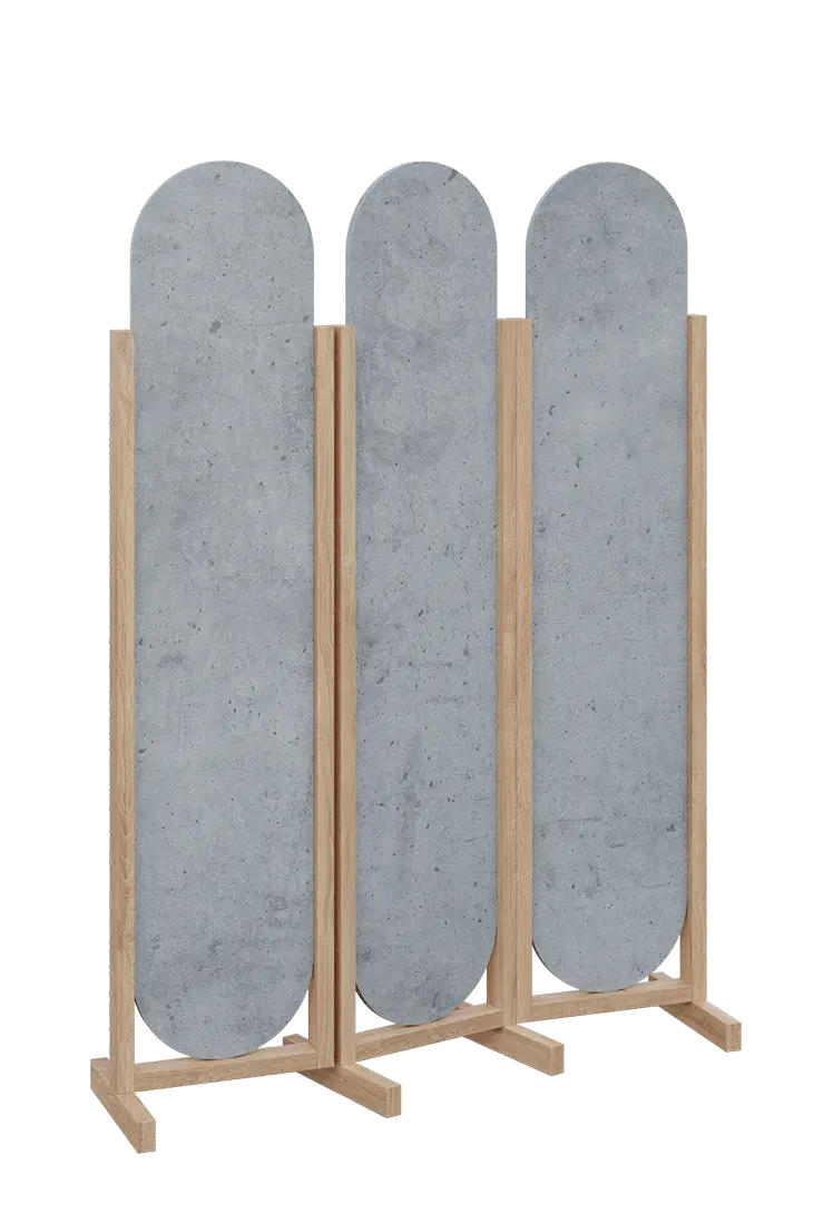 ATMOSFERE ROUND 319, dřevěný 3-dílný paraván, mobilní, výška 1900 mm, rám dub bardolino, výplň beton šedý