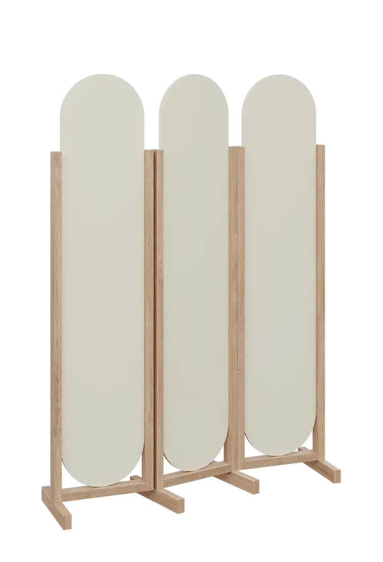 ATMOSFERE ROUND 319, dřevěný 3-dílný paraván, mobilní, výška 1900 mm, rám dub bardolino, výplň smetanová