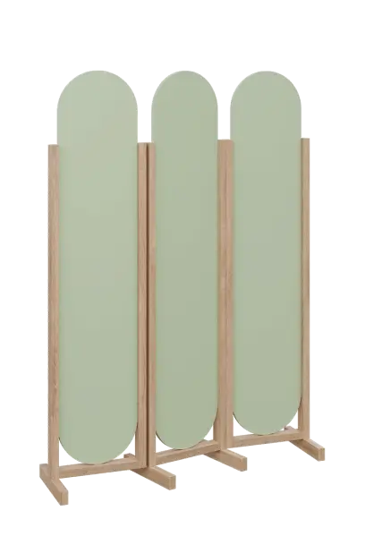 ATMOSFERE ROUND 319, dřevěný 3-dílný paraván, mobilní, výška 1900 mm, rám dub bardolino, výplň šedo-zelinkavá