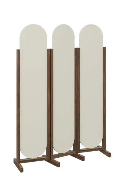 ATMOSFERE ROUND 319, dřevěný 3-dílný paraván, mobilní, výška 1900 mm, rám ořech královský, výplň smetanová