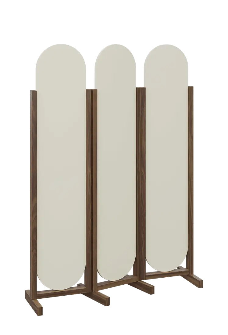 ATMOSFERE ROUND 319, dřevěný 3-dílný paraván, mobilní, výška 1900 mm, rám ořech královský, výplň smetanová