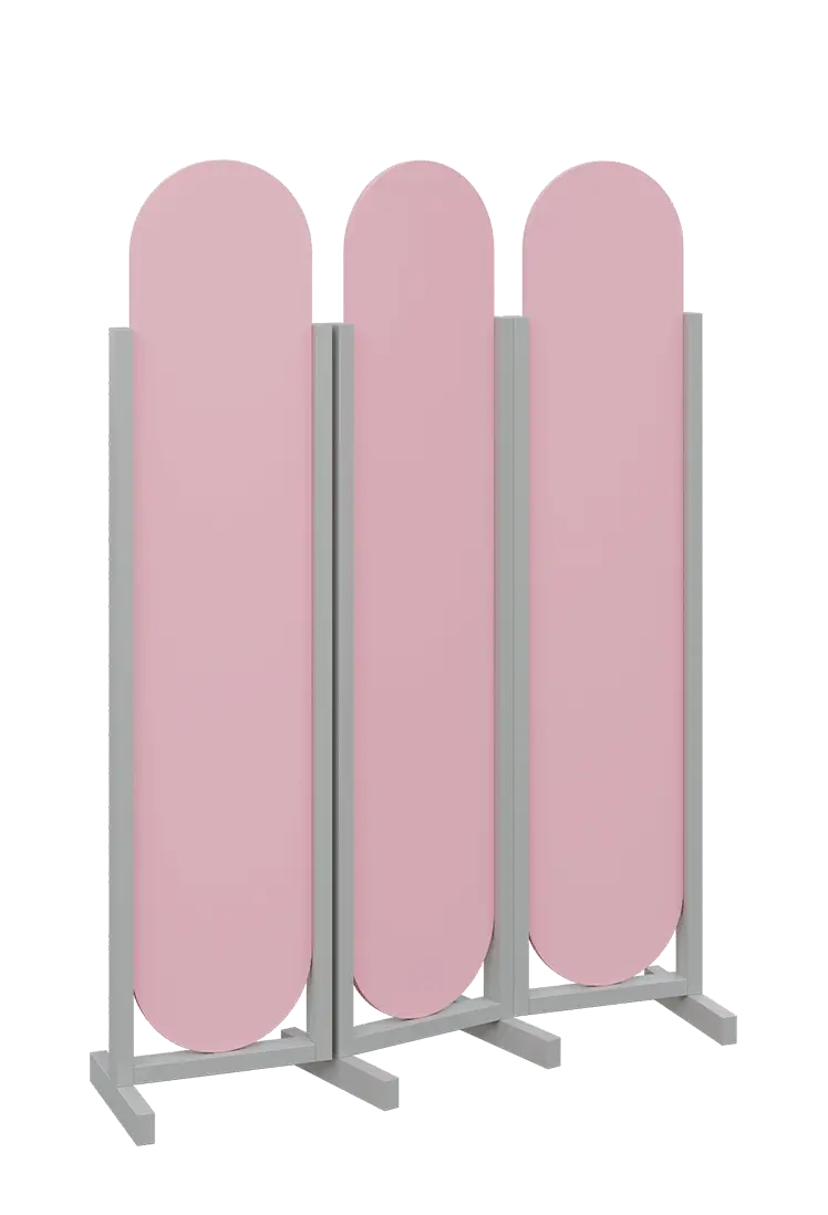 ATMOSFERE ROUND 319, dřevěný 3-dílný paraván, mobilní, výška 1900 mm, rám šedá, výplň pastelově růžová