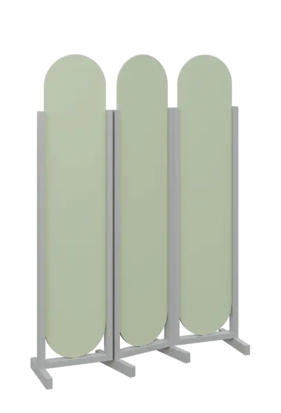 ATMOSFERE ROUND 319, dřevěný 3-dílný paraván, mobilní, výška 1900 mm, rám šedá, výplň šedo-zelinkavá