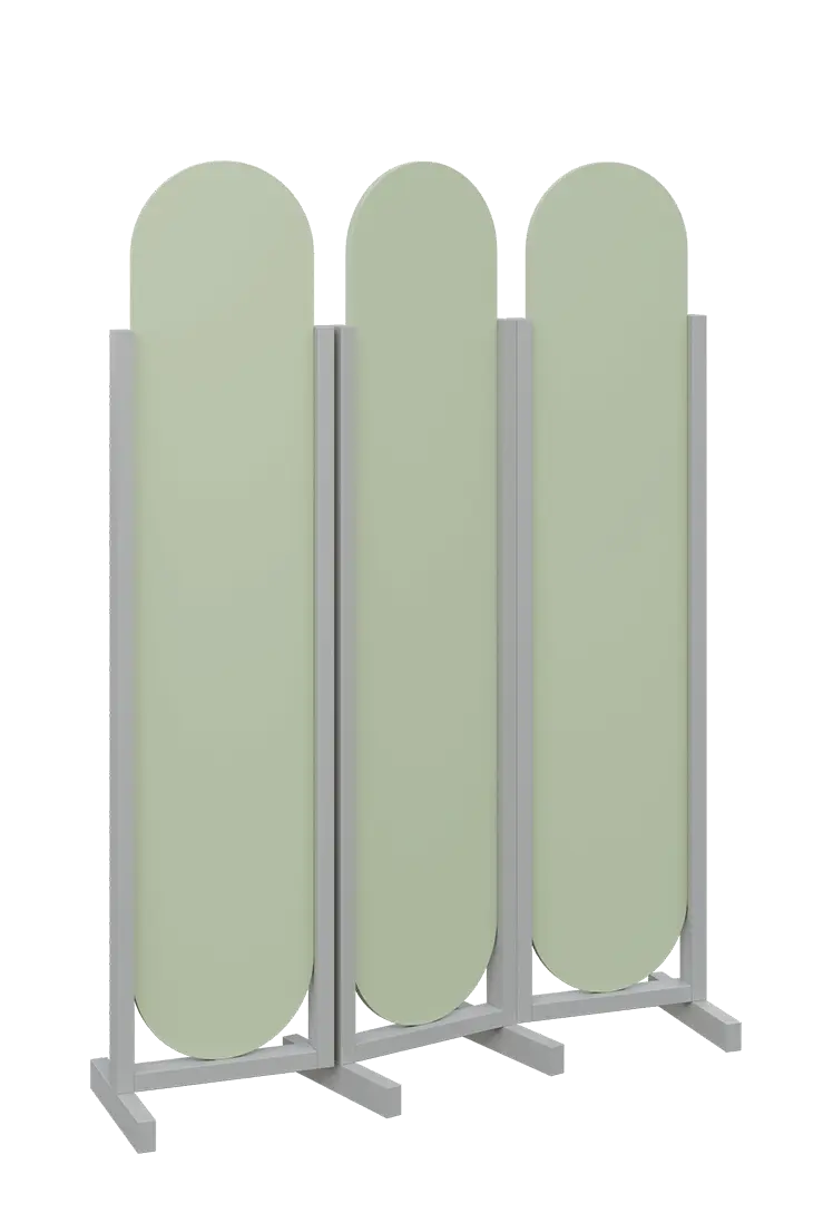 ATMOSFERE ROUND 319, dřevěný 3-dílný paraván, mobilní, výška 1900 mm, rám šedá, výplň šedo-zelinkavá