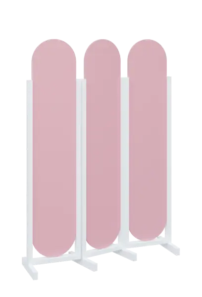 ATMOSFERE ROUND 319, dřevěný 3-dílný paraván, mobilní, výška 1900 mm, rám bílá, výplň pastelově růžová