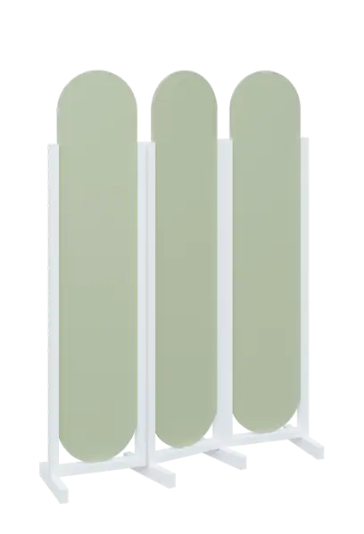 ATMOSFERE ROUND 319, dřevěný 3-dílný paraván, mobilní, výška 1900 mm, rám bílá, výplň šedo-zelinkavá