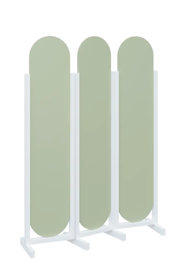 ATMOSFERE ROUND 319, dřevěný 3-dílný paraván, mobilní, výška 1900 mm, rám bílá, výplň šedo-zelinkavá