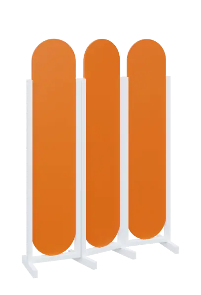ATMOSFERE ROUND 319, dřevěný 3-dílný paraván, mobilní, výška 1900 mm, rám bílá, výplň pomeranč
