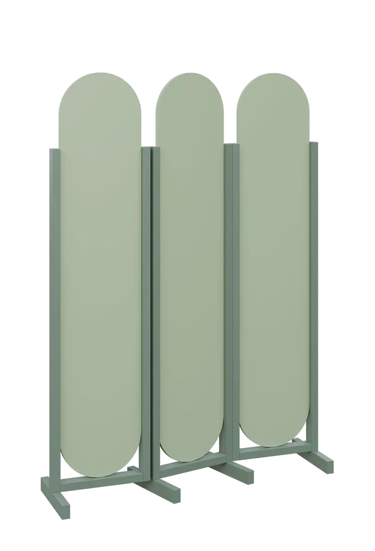 ATMOSFERE ROUND 319, dřevěný 3-dílný paraván, mobilní, výška 1900 mm, rám industrial green, výplň pistáciově zelená