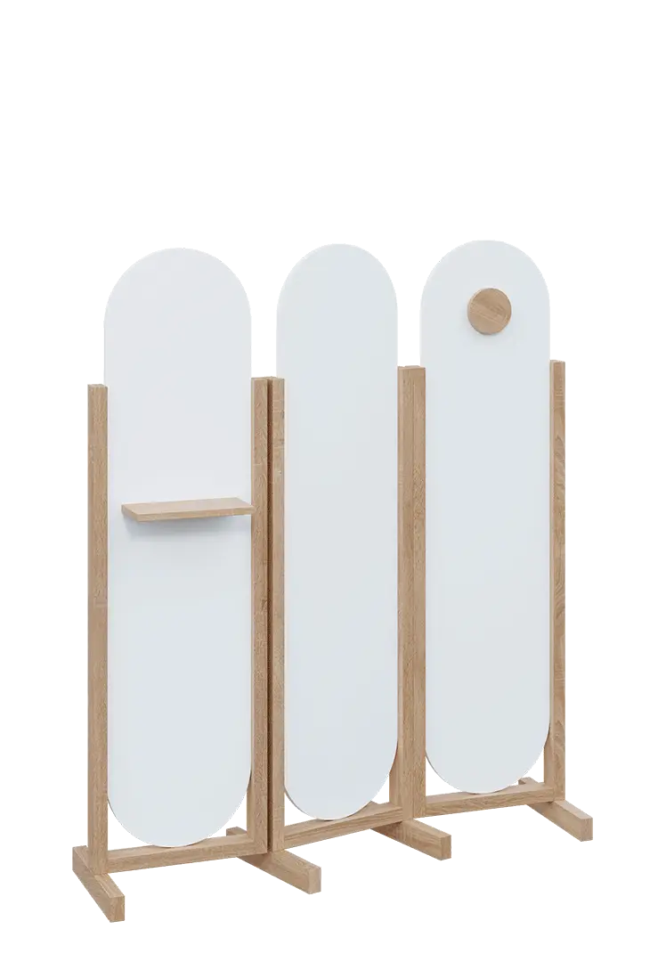 ATMOSFERE ROUND 416, dřevěný 3-dílný paraván, mobilní, výška 1600 mm, rám dub bardolino, výplň bílá, polička, věšák