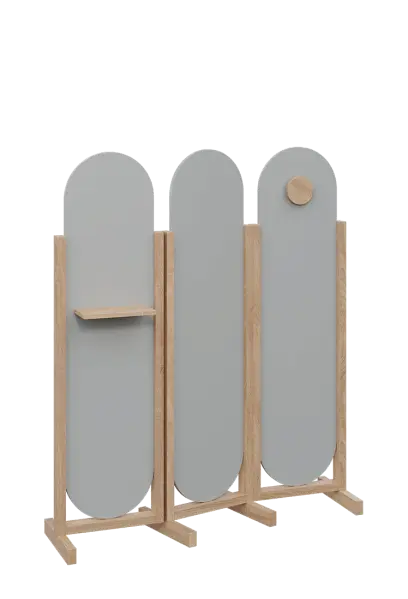 ATMOSFERE ROUND 416, dřevěný 3-dílný paraván, mobilní, výška 1600 mm, rám dub bardolino, výplň šedá, polička, věšák