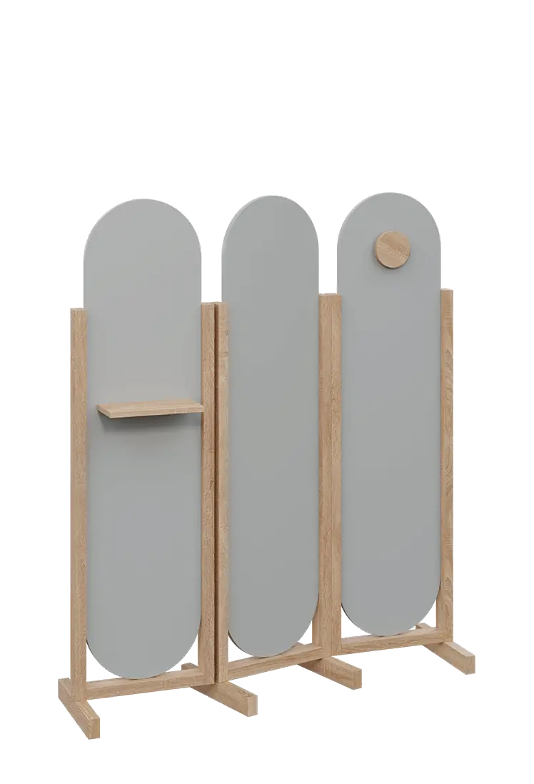ATMOSFERE ROUND 416, dřevěný 3-dílný paraván, mobilní, výška 1600 mm, rám dub bardolino, výplň šedá, polička, věšák