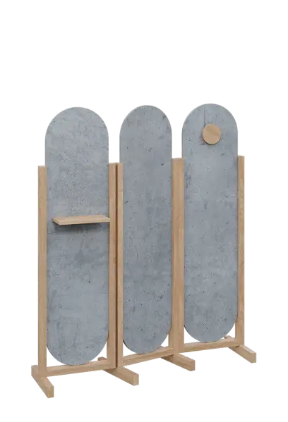 ATMOSFERE ROUND 416, dřevěný 3-dílný paraván, mobilní, výška 1600 mm, rám dub bardolino, výplň beton šedý, polička, věšák