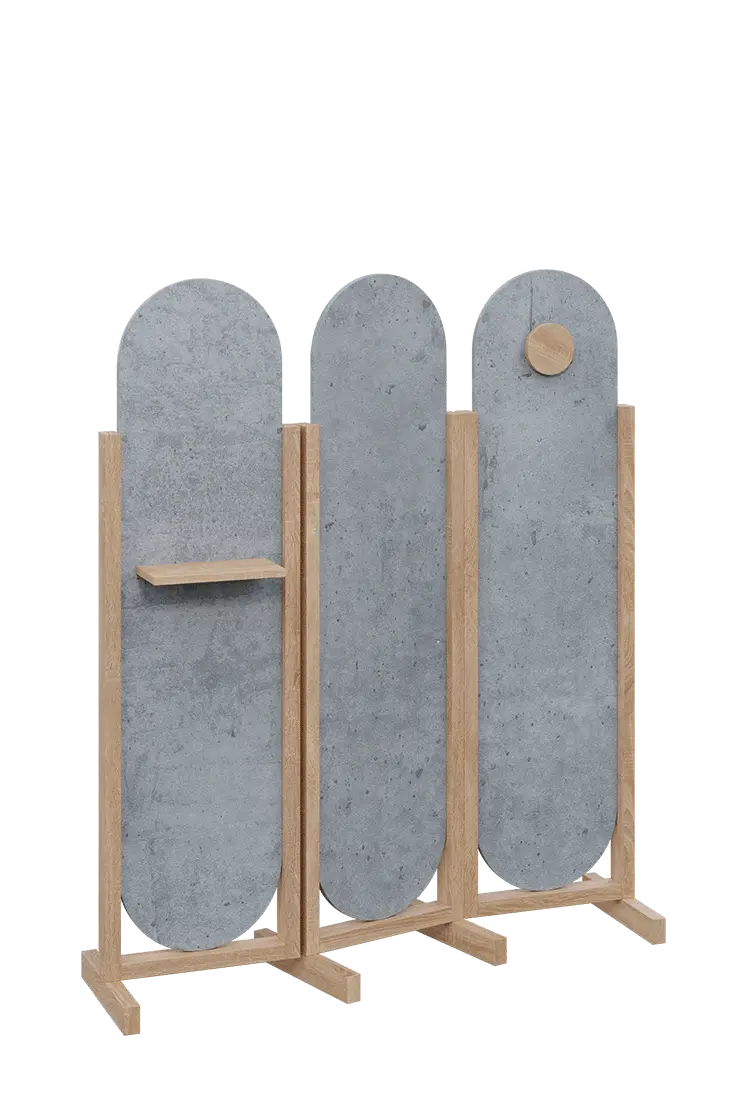 ATMOSFERE ROUND 416, dřevěný 3-dílný paraván, mobilní, výška 1600 mm, rám dub bardolino, výplň beton šedý, polička, věšák