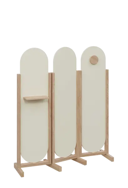 ATMOSFERE ROUND 416, dřevěný 3-dílný paraván, mobilní, výška 1600 mm, rám dub bardolino, výplň smetanová, polička, věšák