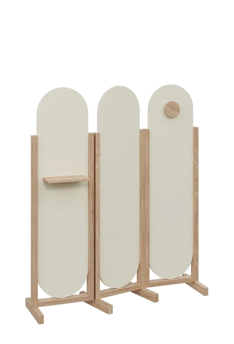 ATMOSFERE ROUND 416, dřevěný 3-dílný paraván, mobilní, výška 1600 mm, rám dub bardolino, výplň smetanová, polička, věšák