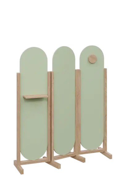 ATMOSFERE ROUND 416, dřevěný 3-dílný paraván, mobilní, výška 1600 mm, rám dub bardolino, výplň šedo-zelinkavá, polička, věšák