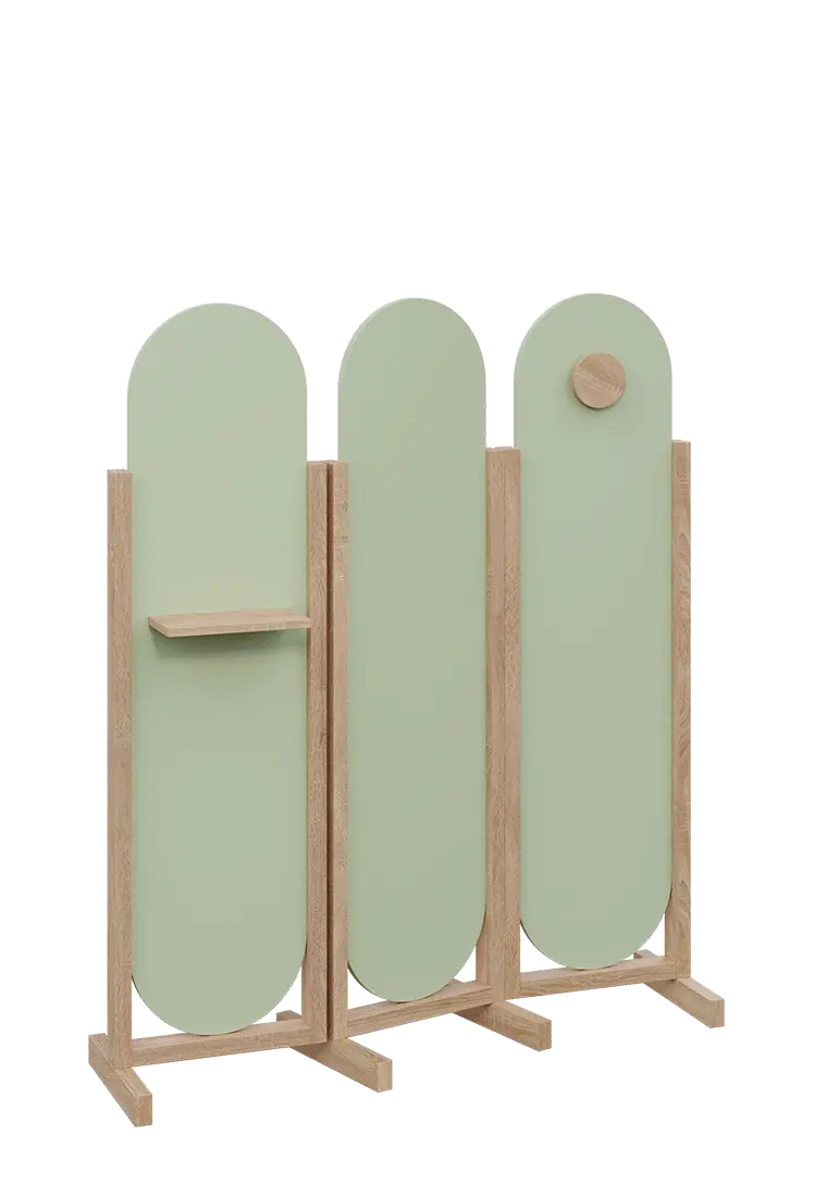 ATMOSFERE ROUND 416, dřevěný 3-dílný paraván, mobilní, výška 1600 mm, rám dub bardolino, výplň šedo-zelinkavá, polička, věšák