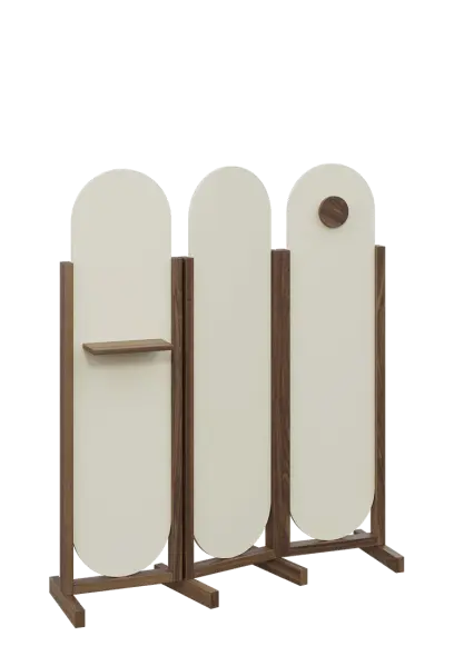 ATMOSFERE ROUND 416, dřevěný 3-dílný paraván, mobilní, výška 1600 mm, rám ořech královský, výplň smetanová, polička, věšák