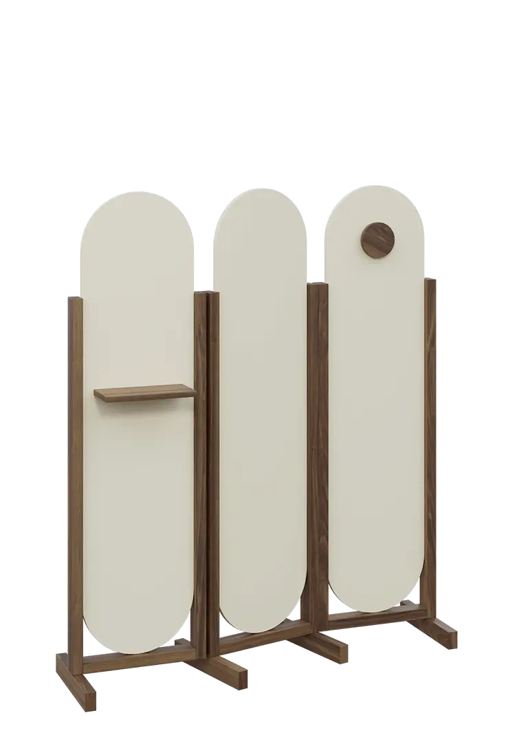 ATMOSFERE ROUND 416, dřevěný 3-dílný paraván, mobilní, výška 1600 mm, rám ořech královský, výplň smetanová, polička, věšák