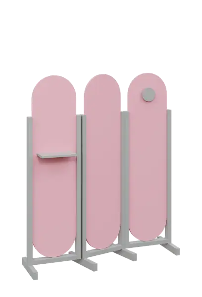 ATMOSFERE ROUND 416, dřevěný 3-dílný paraván, mobilní, výška 1600 mm, rám šedá, výplň pastelově růžová, polička, věšák