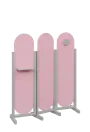 ATMOSFERE ROUND 416, dřevěný 3-dílný paraván, mobilní, výška 1600 mm, rám šedá, výplň pastelově růžová, polička, věšák