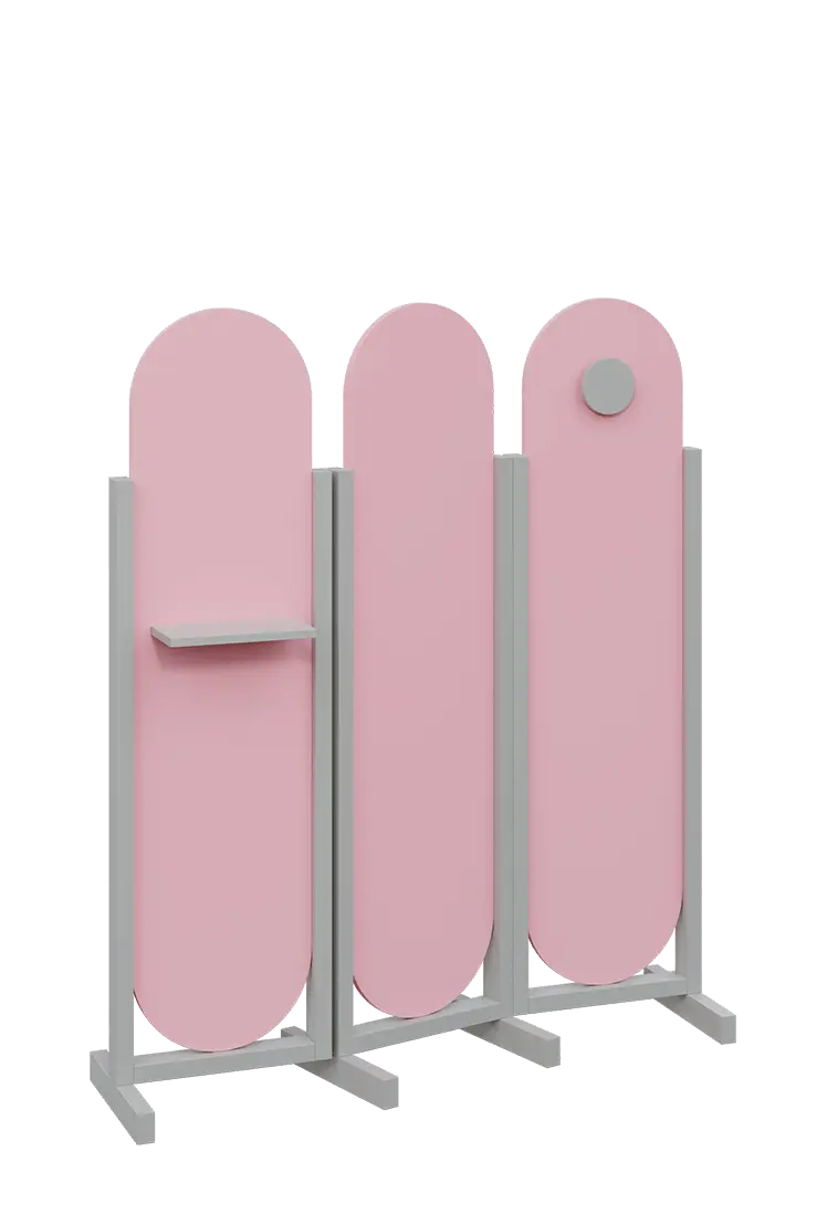 ATMOSFERE ROUND 416, dřevěný 3-dílný paraván, mobilní, výška 1600 mm, rám šedá, výplň pastelově růžová, polička, věšák