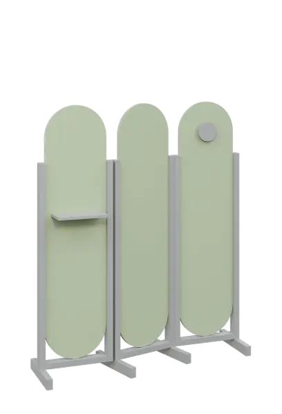ATMOSFERE ROUND 416, dřevěný 3-dílný paraván, mobilní, výška 1600 mm, rám šedá, výplň šedo-zelinkavá, polička, věšák