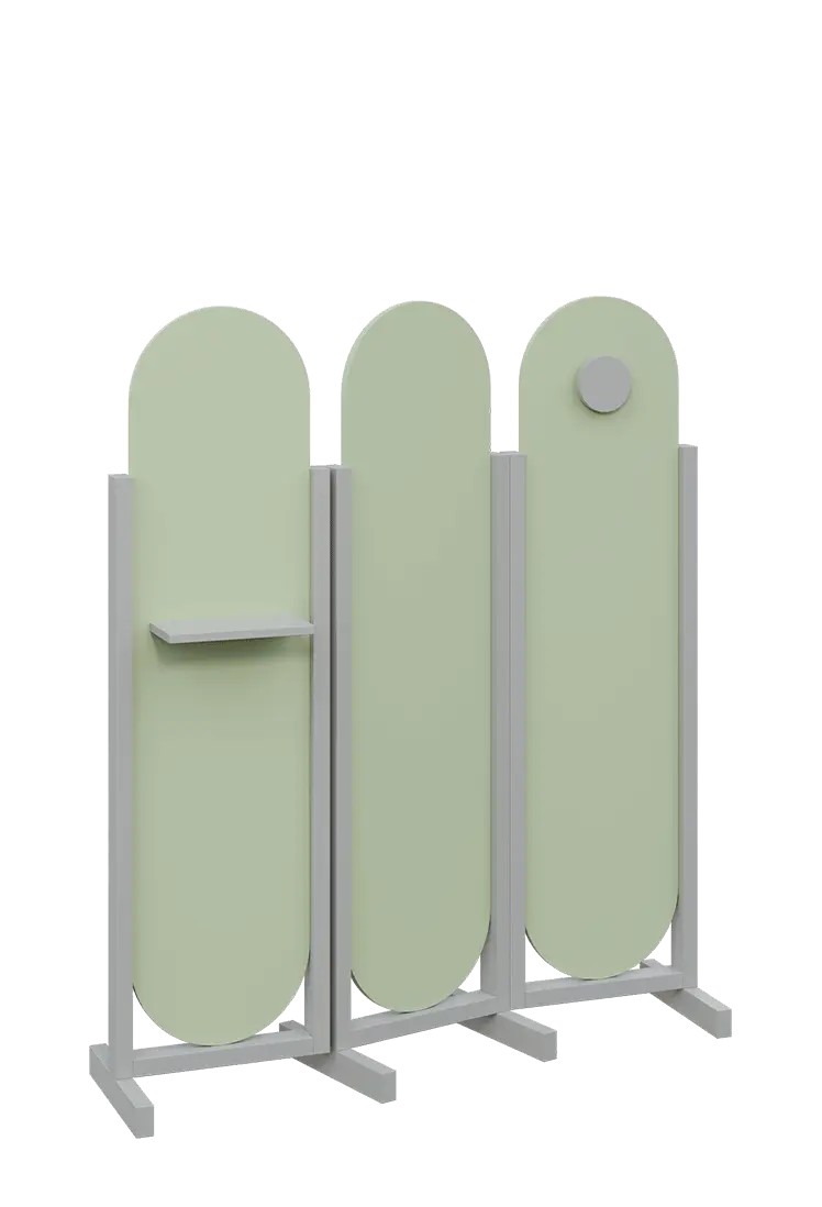 ATMOSFERE ROUND 416, dřevěný 3-dílný paraván, mobilní, výška 1600 mm, rám šedá, výplň šedo-zelinkavá, polička, věšák