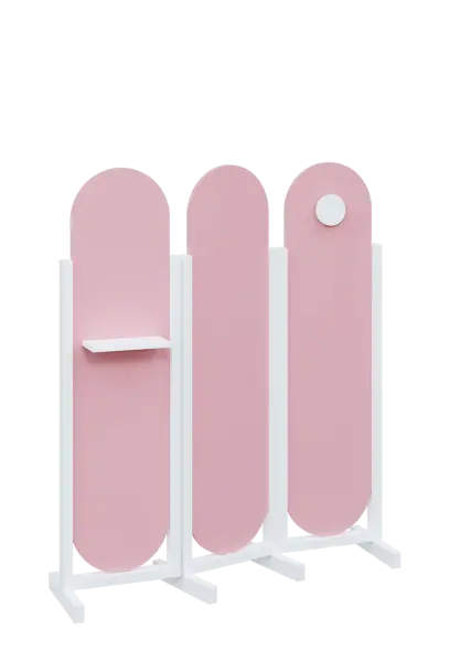 ATMOSFERE ROUND 416, dřevěný 3-dílný paraván, mobilní, výška 1600 mm, rám bílá, výplň pastelově růžová, polička, věšák