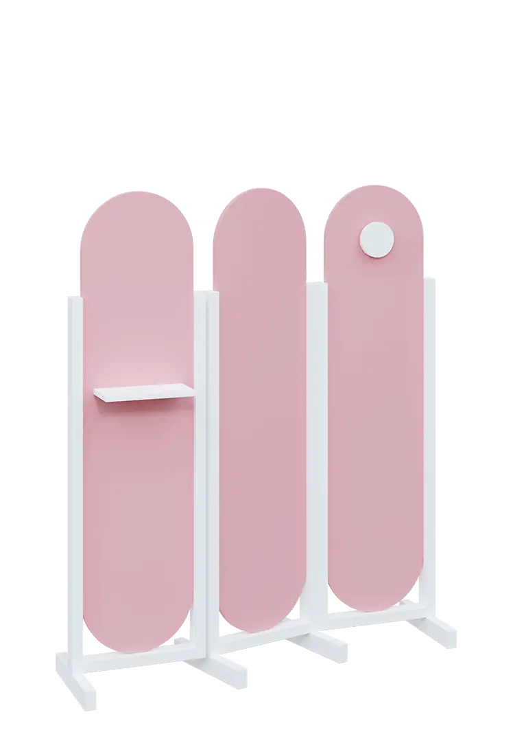 ATMOSFERE ROUND 416, dřevěný 3-dílný paraván, mobilní, výška 1600 mm, rám bílá, výplň pastelově růžová, polička, věšák