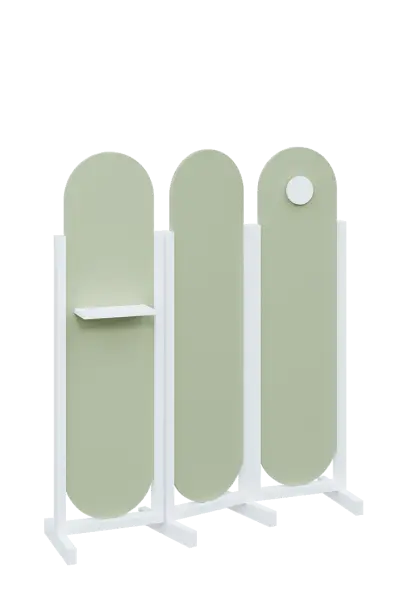 ATMOSFERE ROUND 416, dřevěný 3-dílný paraván, mobilní, výška 1600 mm, rám bílá, výplň šedo-zelinkavá, polička, věšák