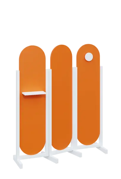 ATMOSFERE ROUND 416, dřevěný 3-dílný paraván, mobilní, výška 1600 mm, rám bílá, výplň pomeranč, polička, věšák