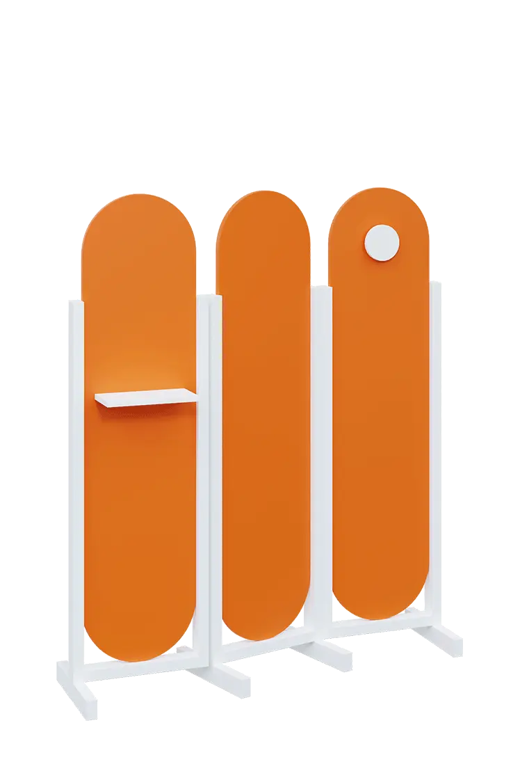 ATMOSFERE ROUND 416, dřevěný 3-dílný paraván, mobilní, výška 1600 mm, rám bílá, výplň pomeranč, polička, věšák