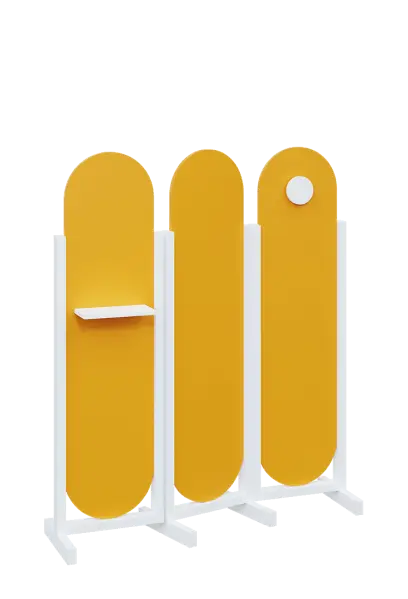 ATMOSFERE ROUND 416, dřevěný 3-dílný paraván, mobilní, výška 1600 mm, rám bílá, výplň žlutá odio, polička, věšák