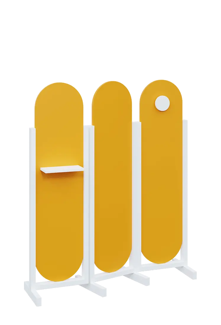 ATMOSFERE ROUND 416, dřevěný 3-dílný paraván, mobilní, výška 1600 mm, rám bílá, výplň žlutá odio, polička, věšák